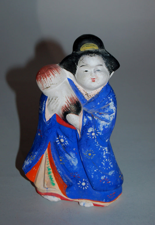 Okame with matsudake mushroom, vintage kawara ningyo, clay erotic statue, Japan