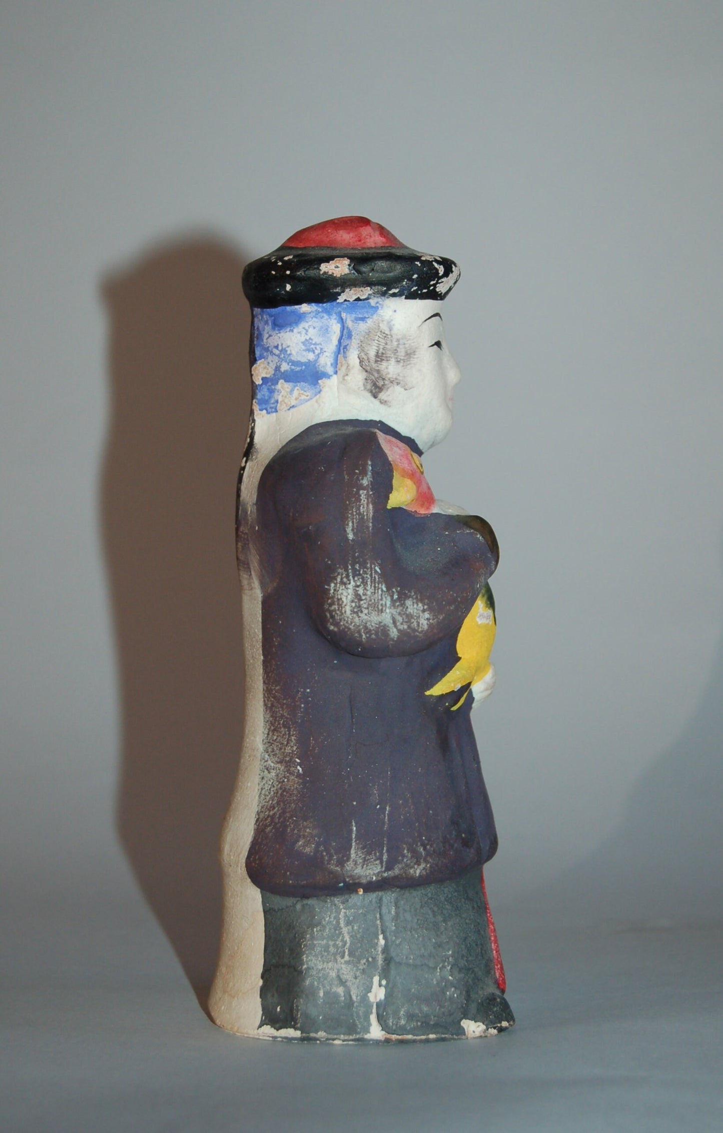 Koga ningyo clay doll, Acha-san, Chinese with rooster, Nagasaki, vintage, Japan