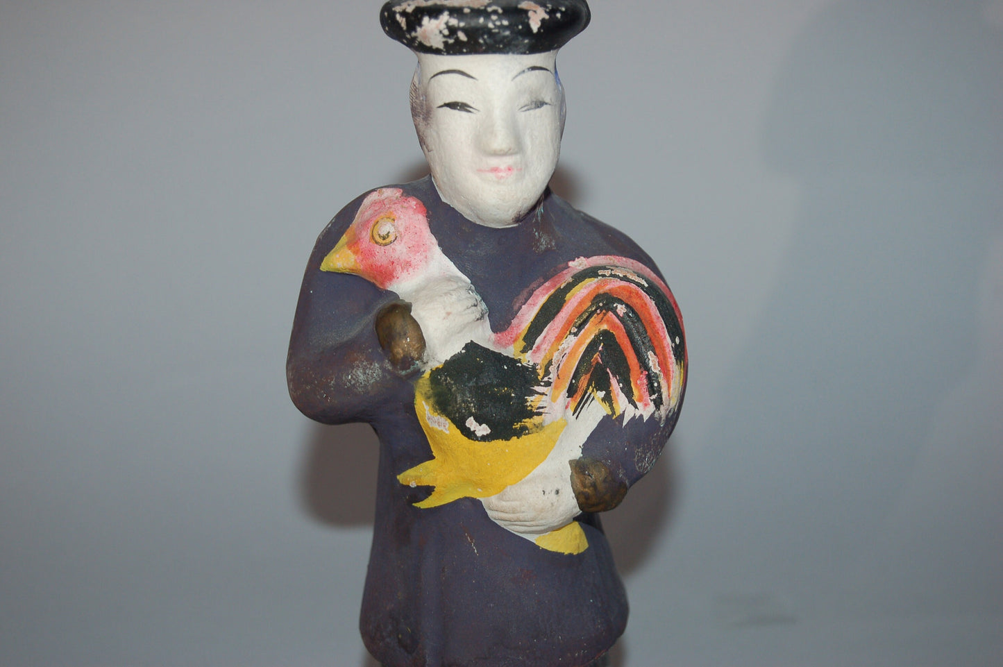 Koga ningyo clay doll, Acha-san, Chinese with rooster, Nagasaki, vintage, Japan