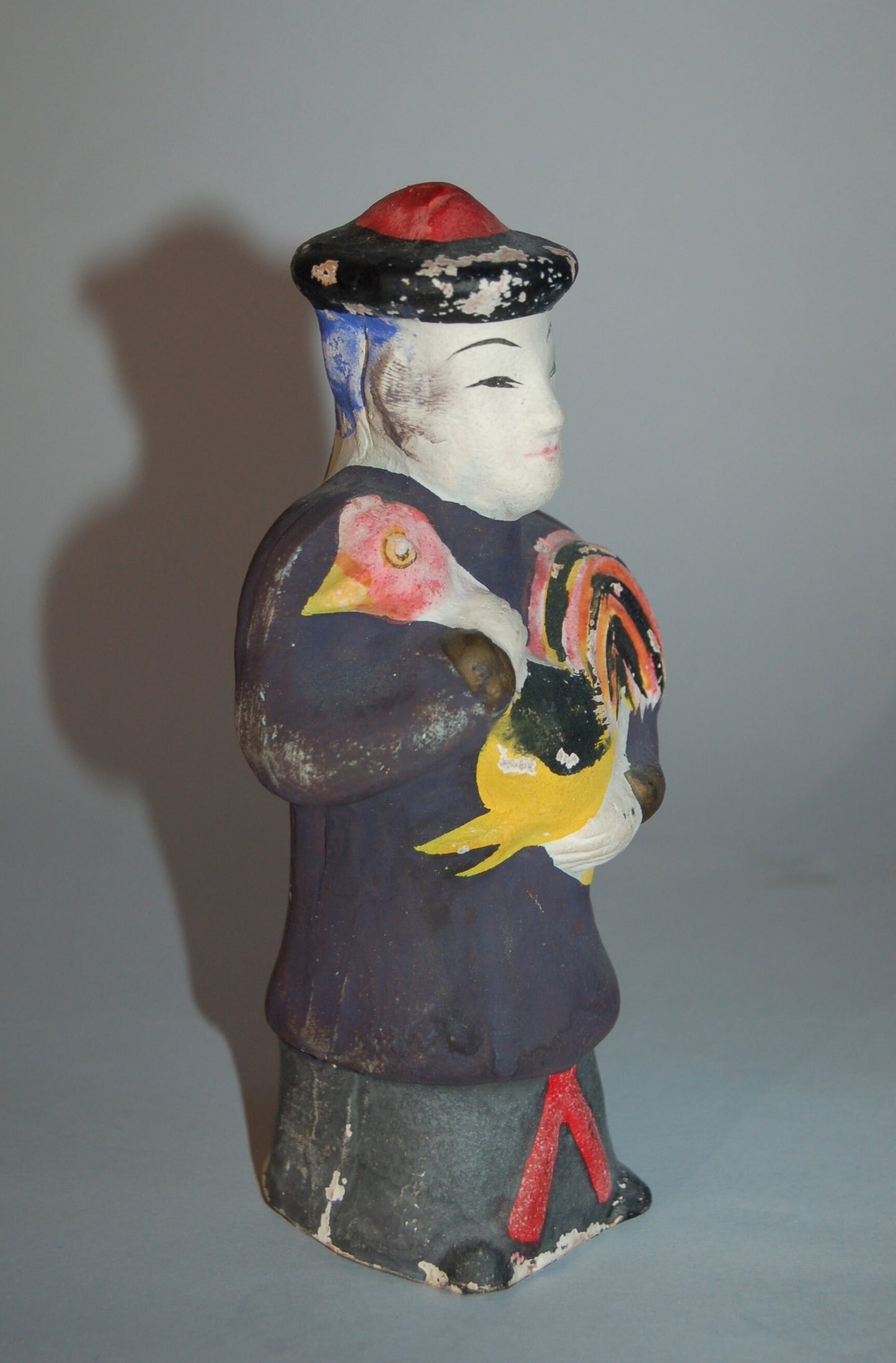 Koga ningyo clay doll, Acha-san, Chinese with rooster, Nagasaki, vintage, Japan