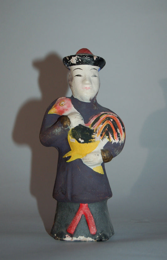 Koga ningyo clay doll, Acha-san, Chinese with rooster, Nagasaki, vintage, Japan