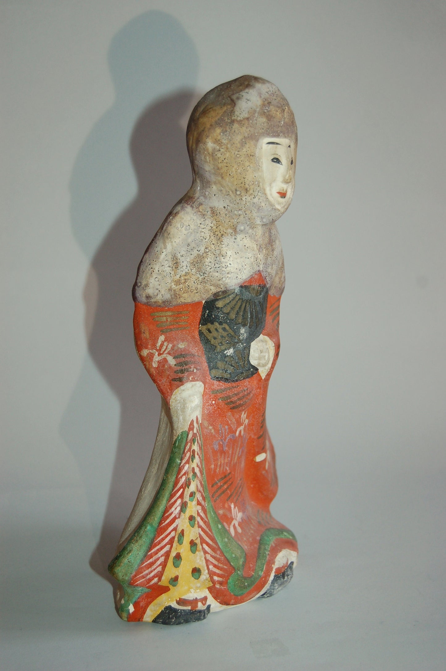 Kawara ningyo clay doll, woman in winter dress with head scarf, antique, Japan