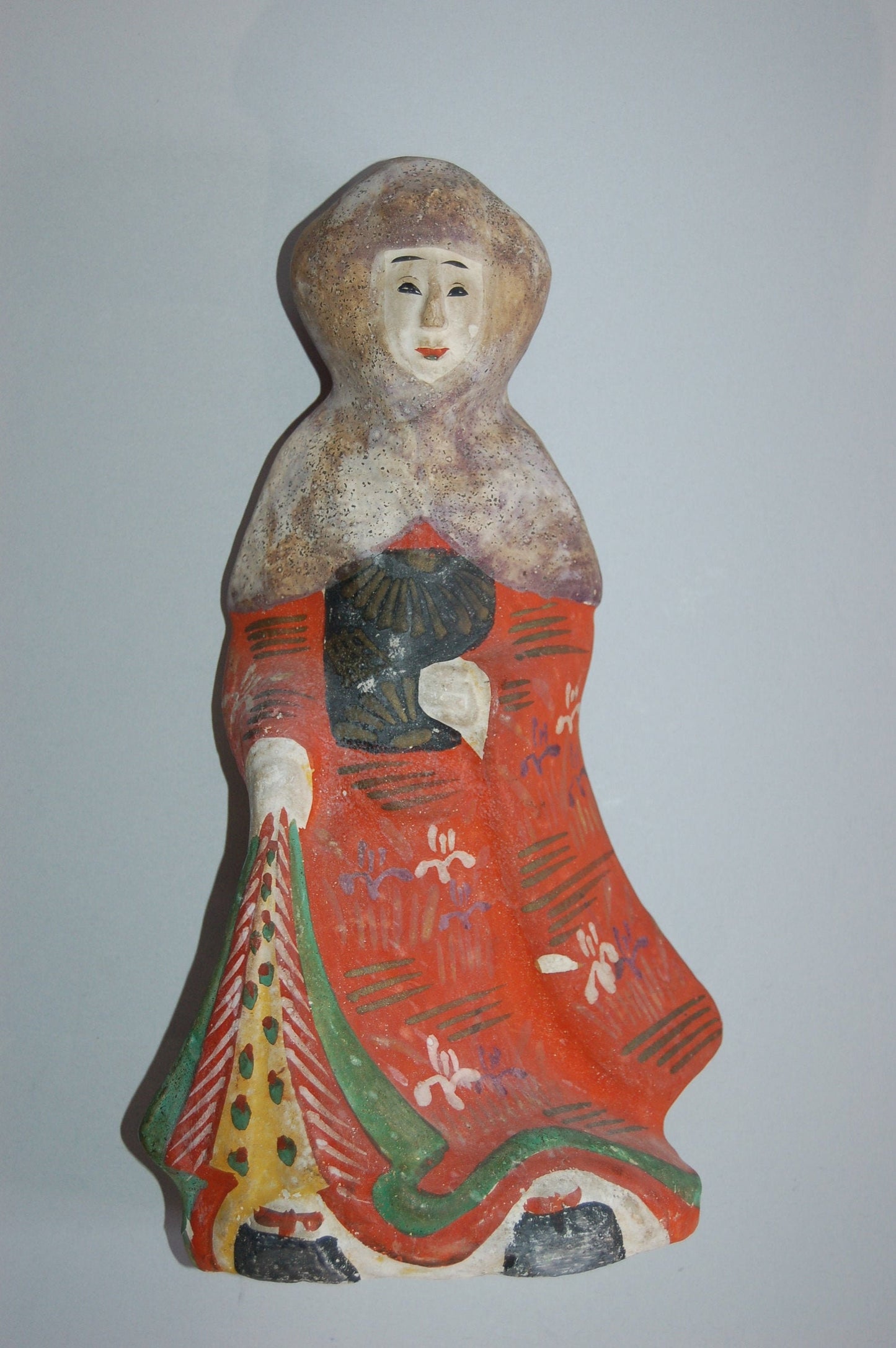 Kawara ningyo clay doll, woman in winter dress with head scarf, antique, Japan