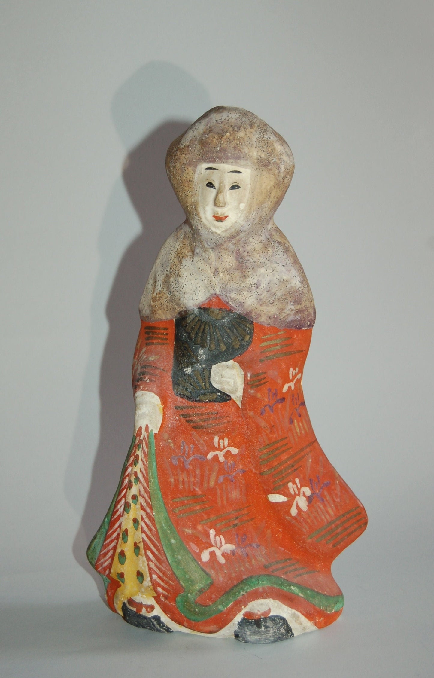 Kawara ningyo clay doll, woman in winter dress with head scarf, antique, Japan