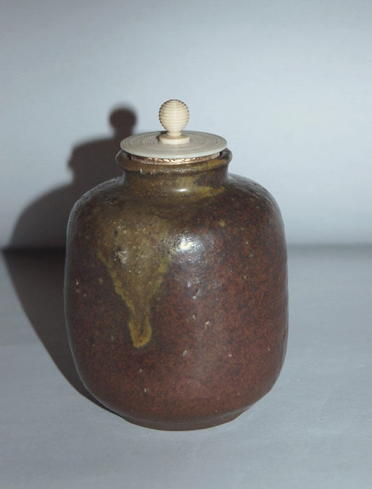 Antique ceramic chaire tea caddy, dark brown glaze, yellow drip, possibly Seto ware, Japan