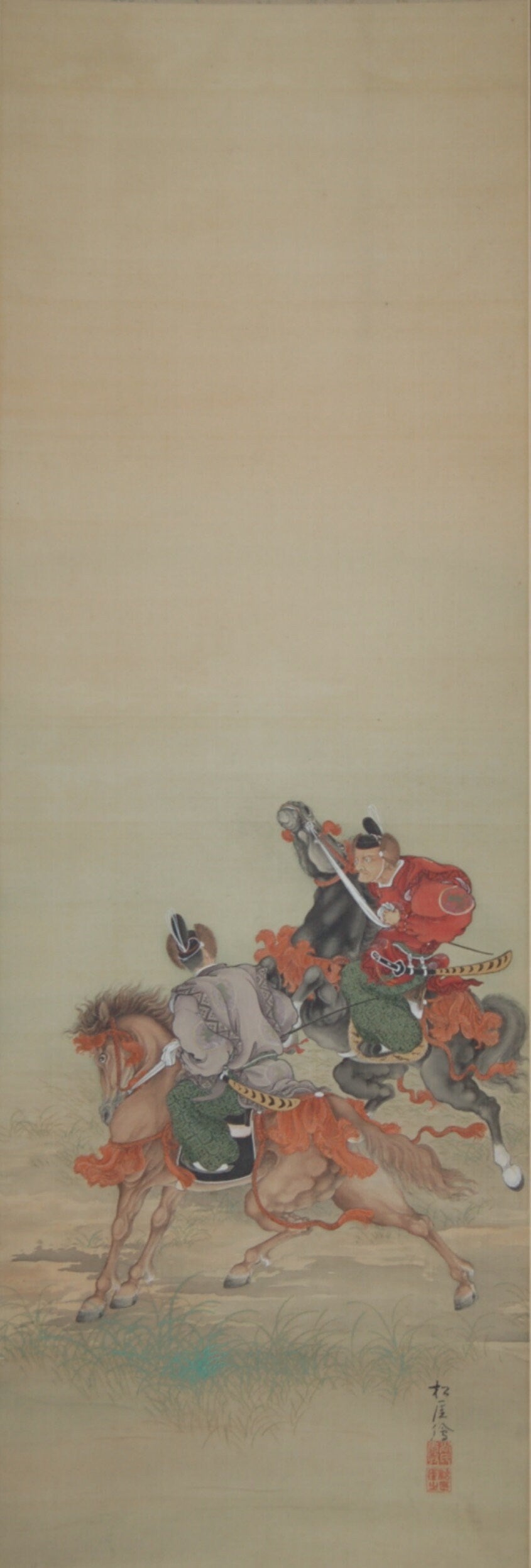 Two noblemen on horseback on a race track, by Shogai, hanging scroll painting, mineral colors on silk, Japan