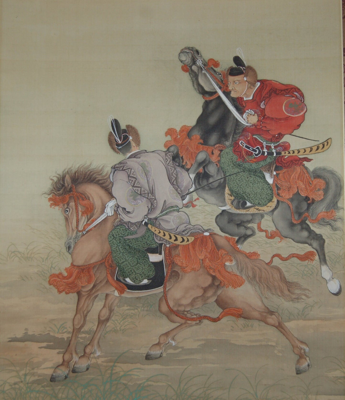 Two noblemen on horseback on a race track, by Shogai, hanging scroll painting, mineral colors on silk, Japan