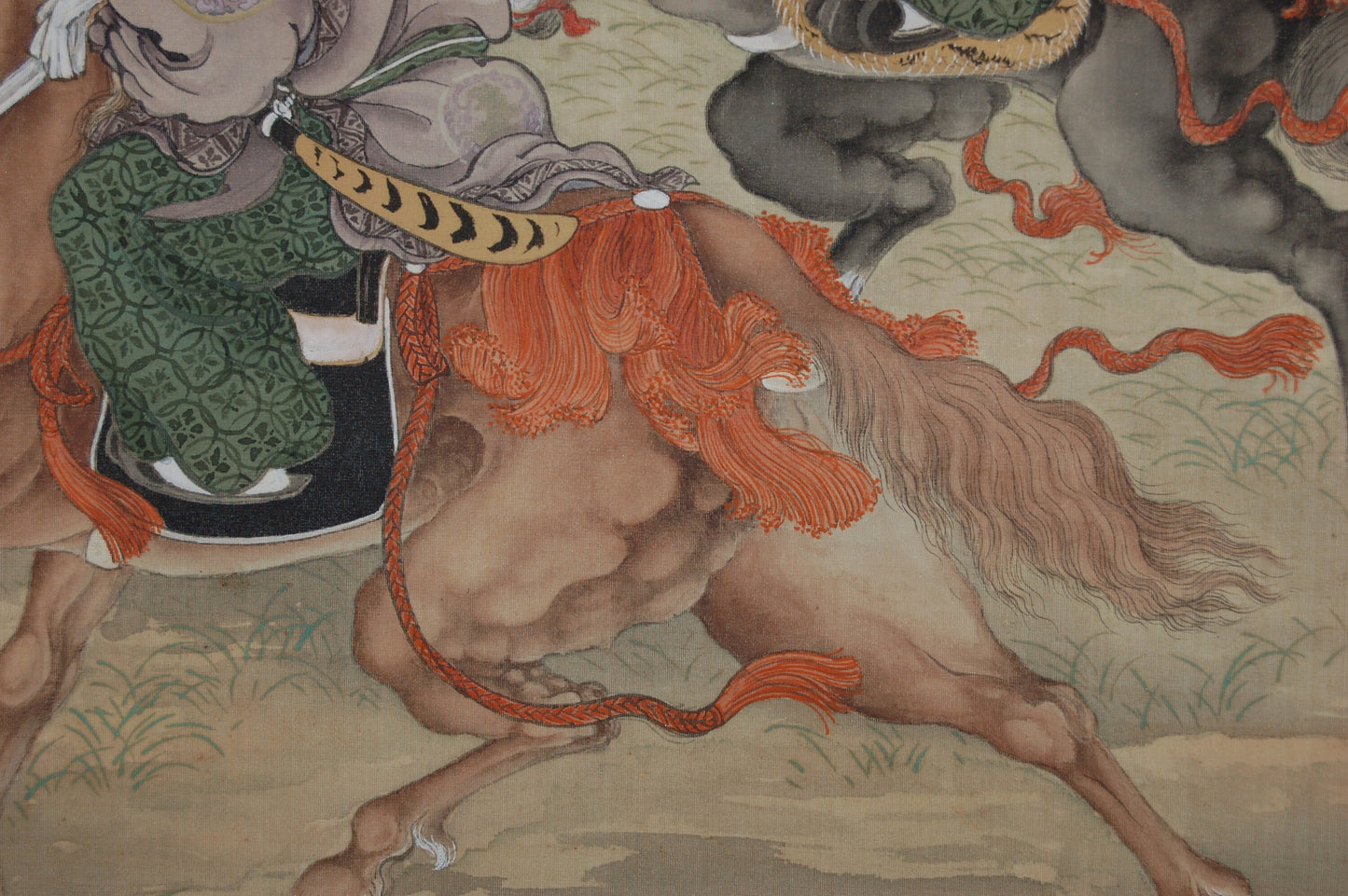 Two noblemen on horseback on a race track, by Shogai, hanging scroll painting, mineral colors on silk, Japan