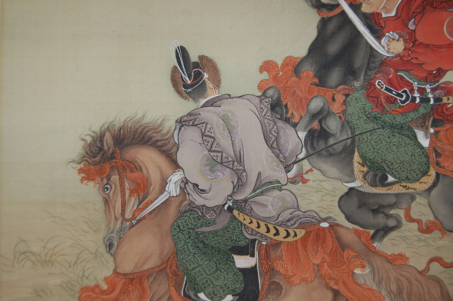 Two noblemen on horseback on a race track, by Shogai, hanging scroll painting, mineral colors on silk, Japan