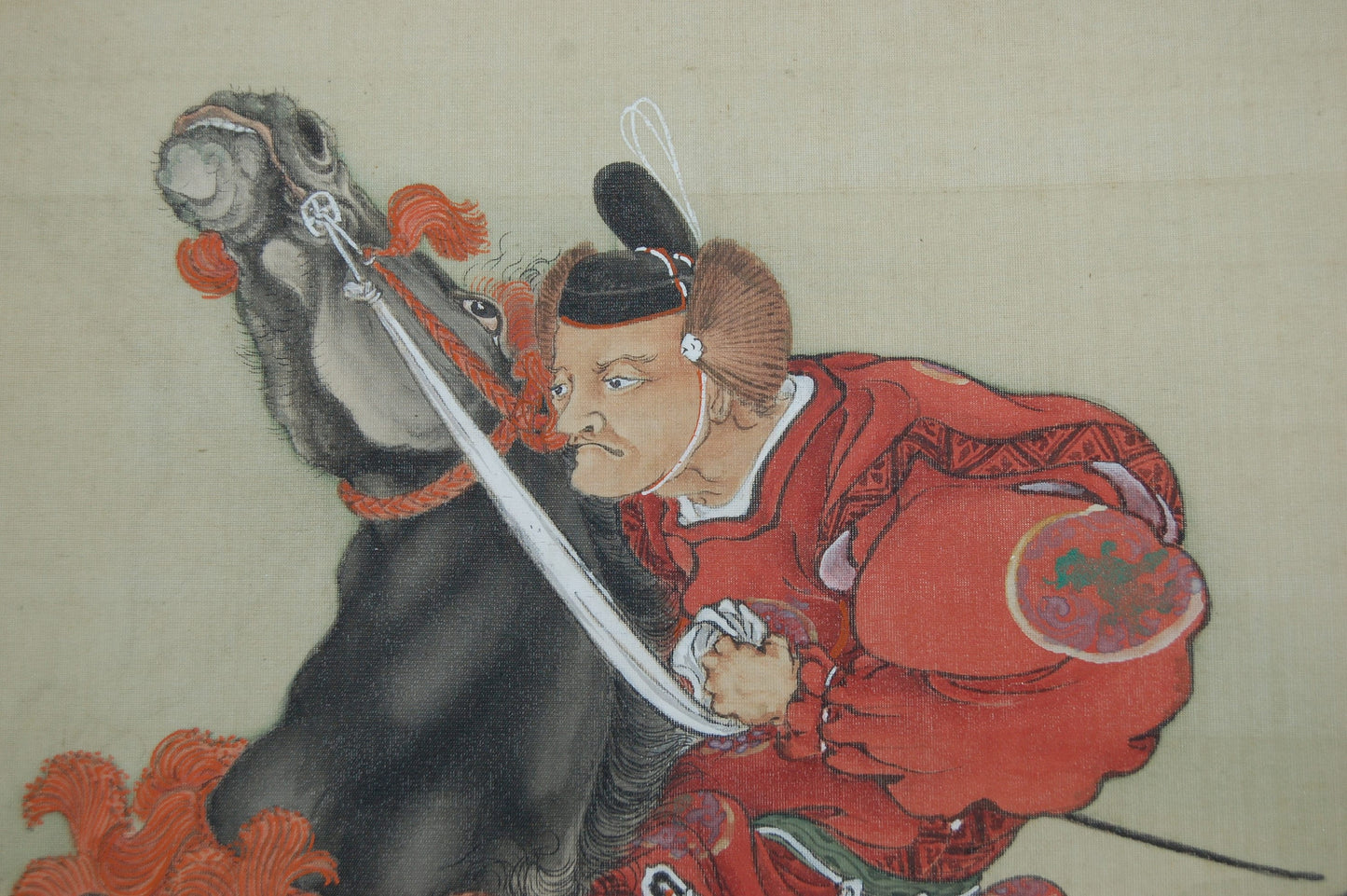 Two noblemen on horseback on a race track, by Shogai, hanging scroll painting, mineral colors on silk, Japan