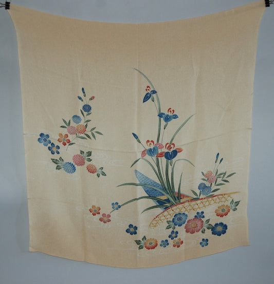 Vintage chirimen silk furoshiki wrapping cloth, bingata summer flowers and boat, Japan