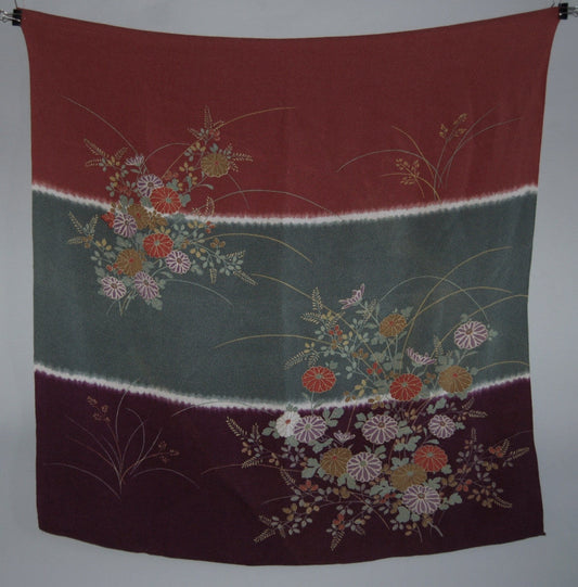 Vintage chirimen silk furoshiki wrapping cloth, fall flowers on tri-color, Japan