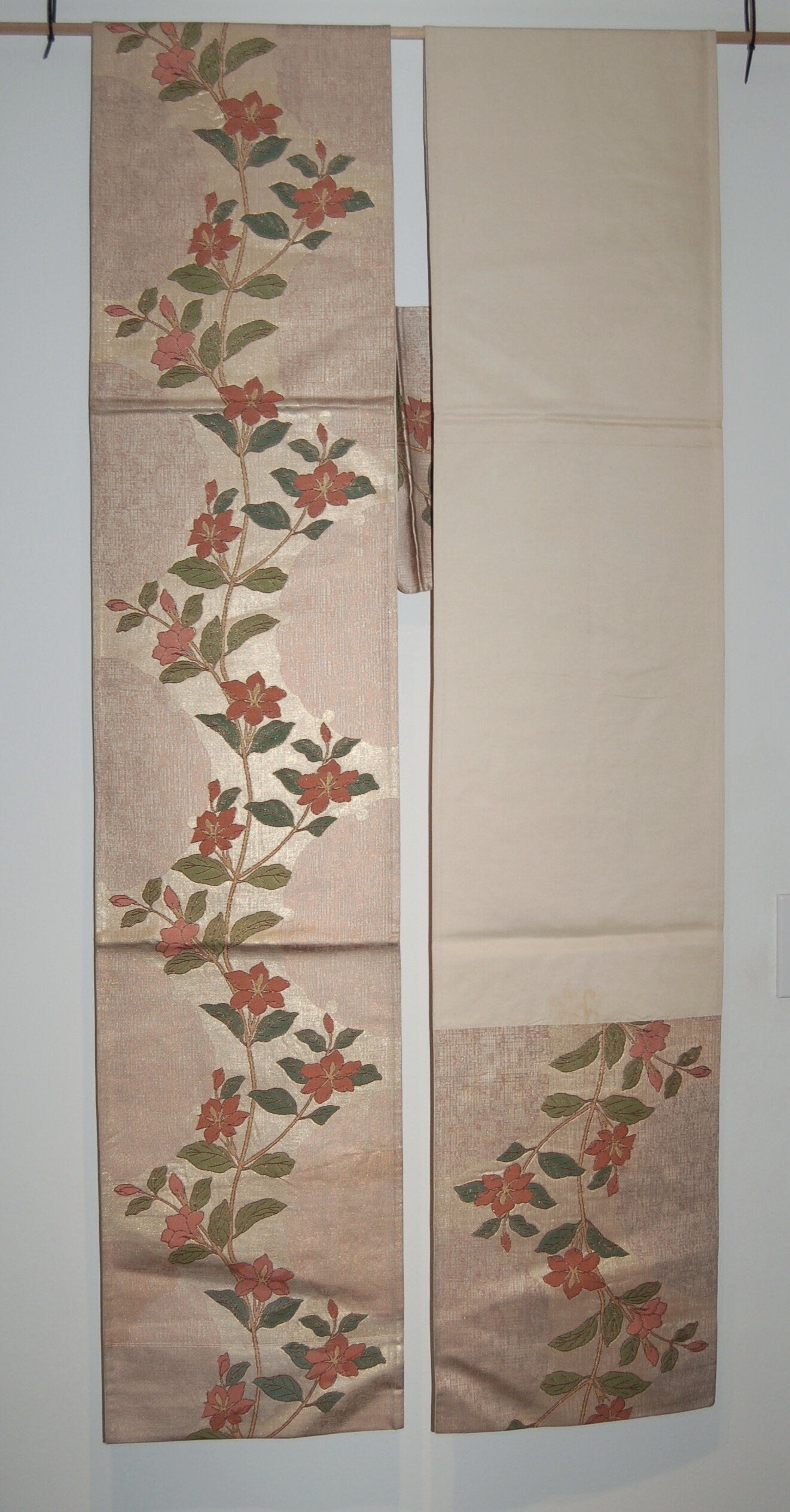 Fukuro obi, clematis vine and partial flower outlines, gold and silk jacquard, vintage, Japan