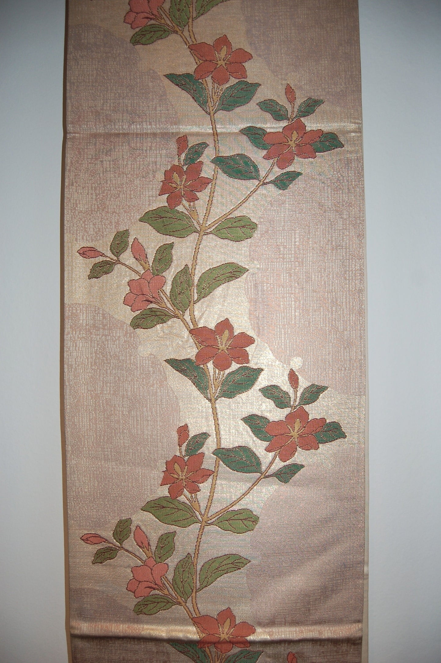 Fukuro obi, clematis vine and partial flower outlines, gold and silk jacquard, vintage, Japan