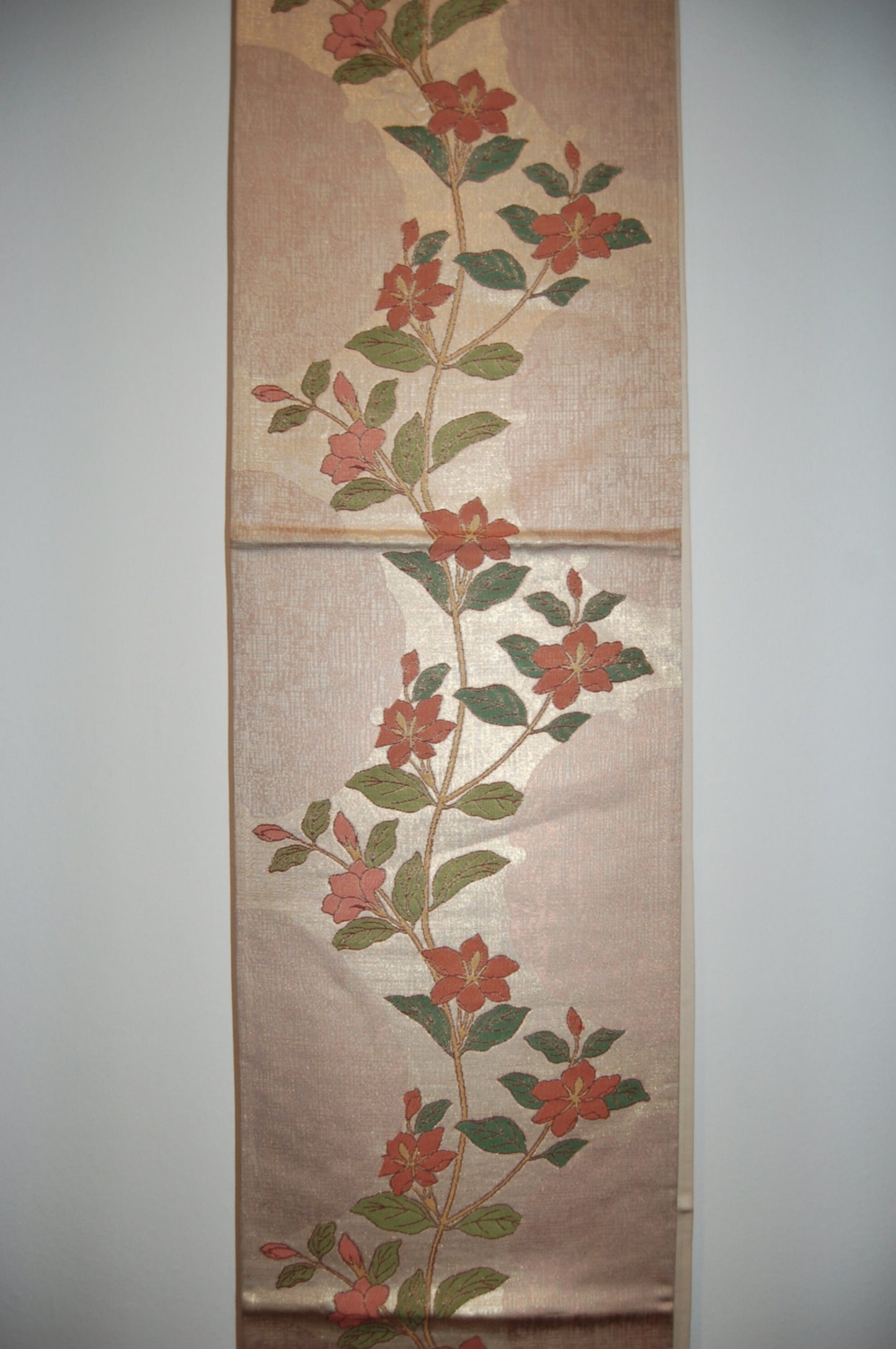 Fukuro obi, clematis vine and partial flower outlines, gold and silk jacquard, vintage, Japan