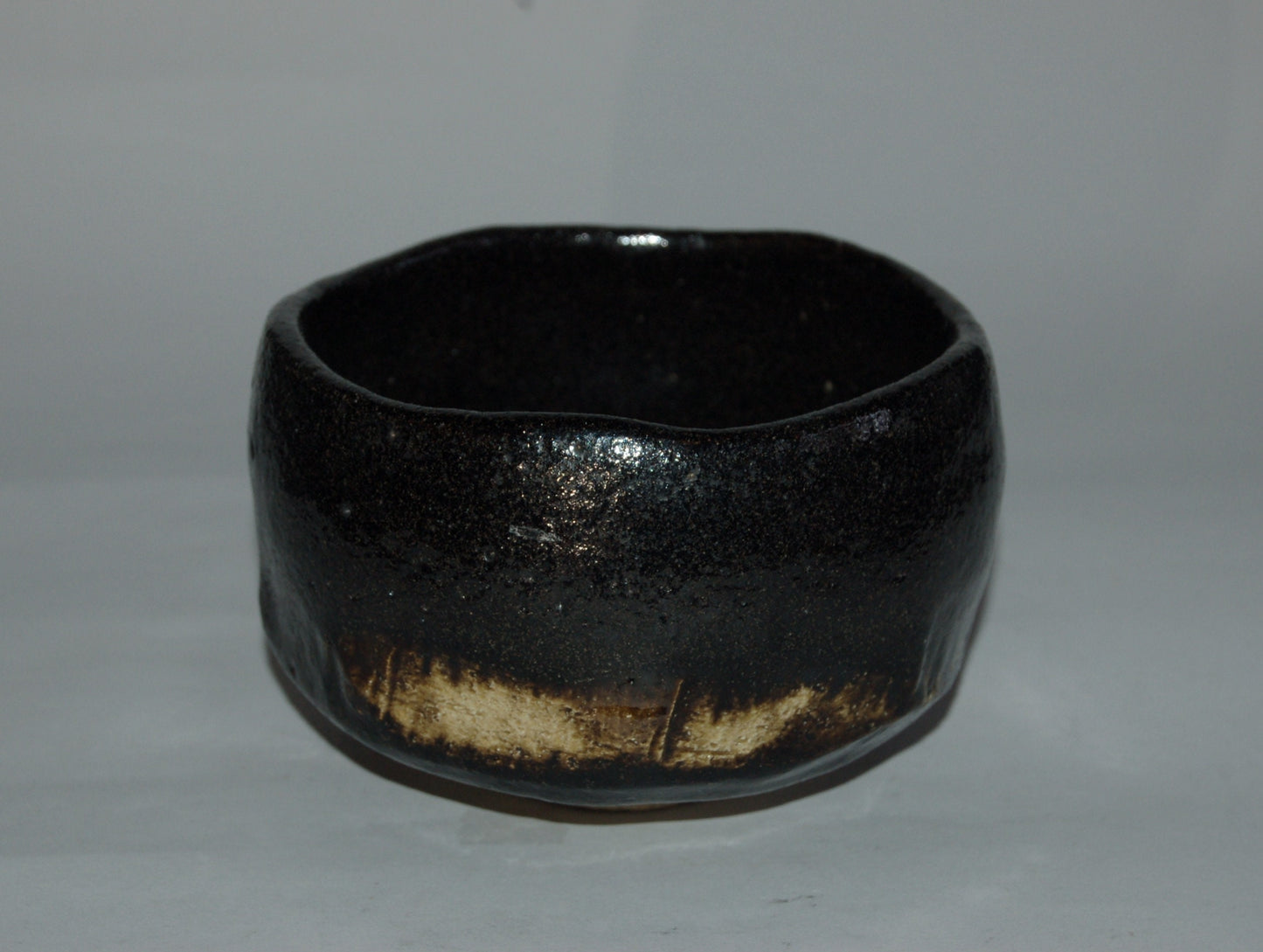 Chawan tea bowl, black Raku ware, cut and scrape décor, stoneware, antique, Japan