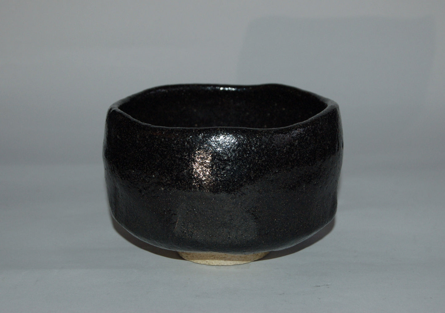 Chawan tea bowl, black Raku ware, cut and scrape décor, stoneware, antique, Japan