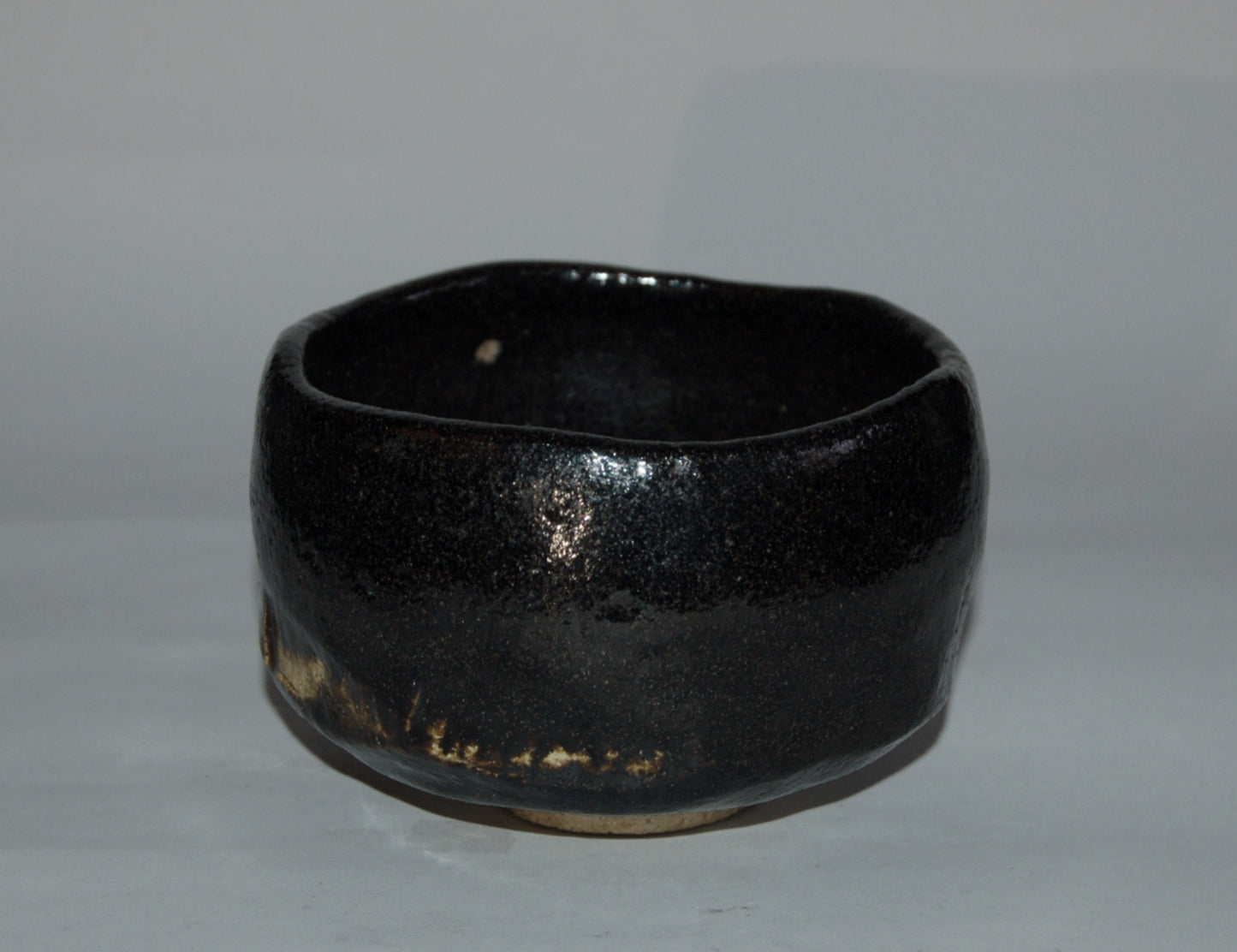 Chawan tea bowl, black Raku ware, cut and scrape décor, stoneware, antique, Japan