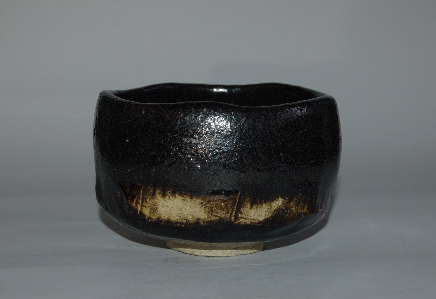 Chawan tea bowl, black Raku ware, cut and scrape décor, stoneware, antique, Japan