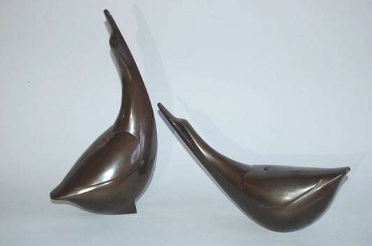 Pair of abstracted geese, dynamic bronze sculpture, by Saegusa Sotaro, Japan