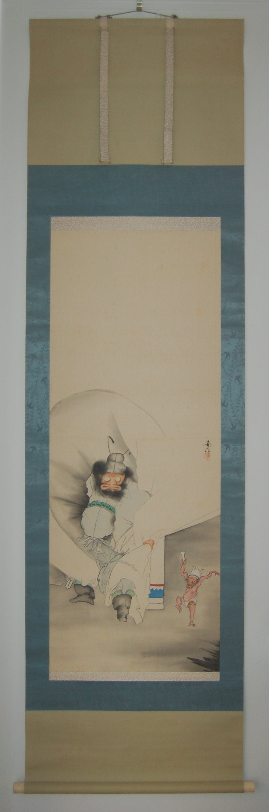 Humorous scroll painting, Shoki and oni in the rain, ink and mineral colors on silk, vintage, Japan