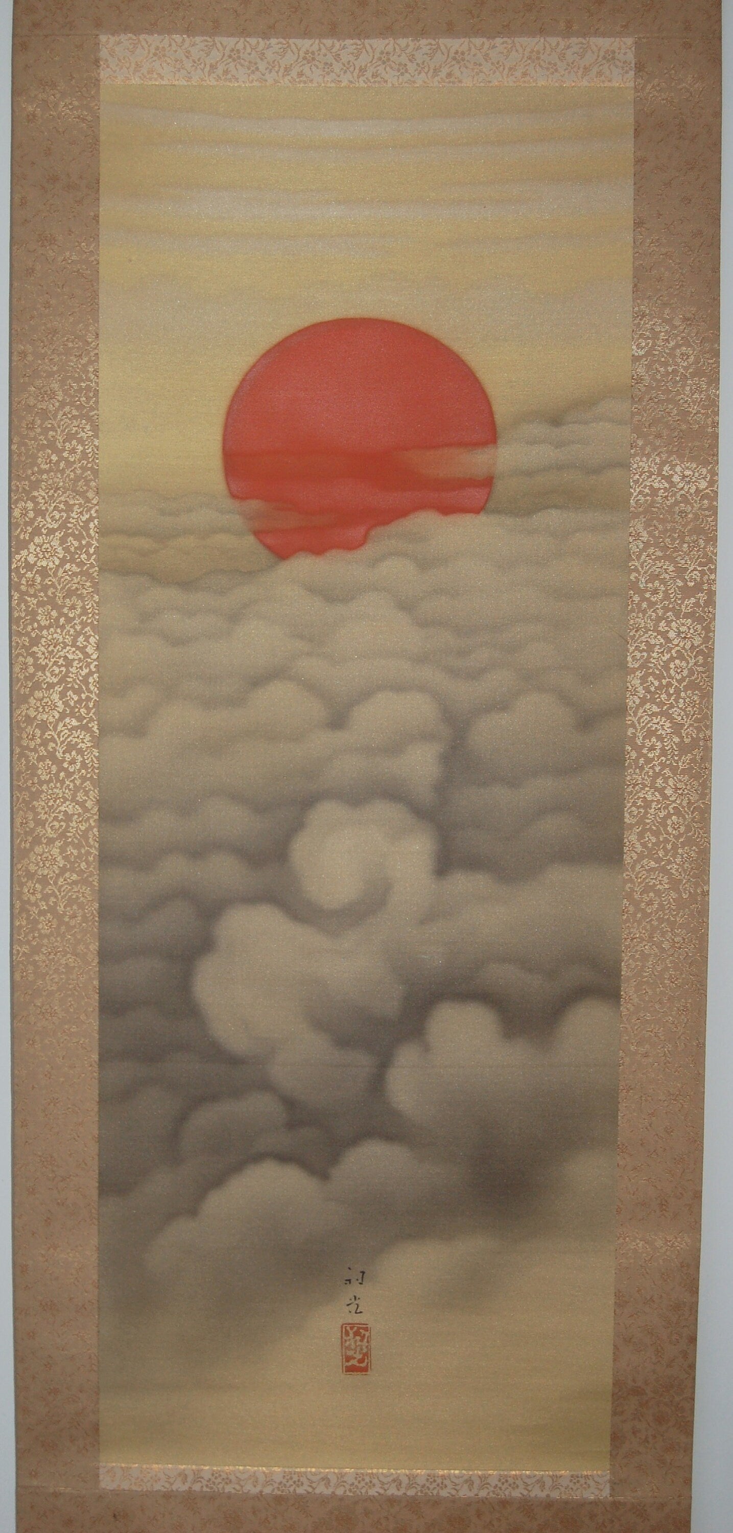 Hanging scroll, sun rising above clouds, painting on silk by Kasai Toshiyuki, Japan