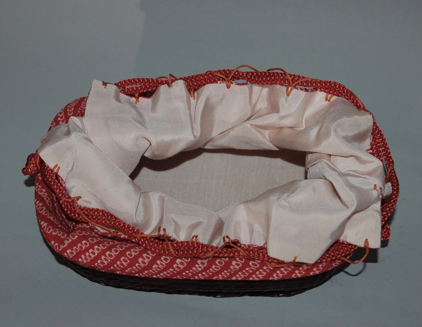 Shibori drawstring pouch, takekago, bamboo and synthetic silk, to be worn with kimono, Japan