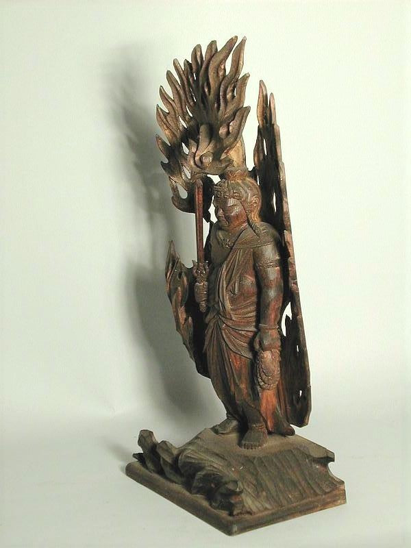 Statue of guardian deity Fudo Myoo surrounded by flames, cypress wood, Japan