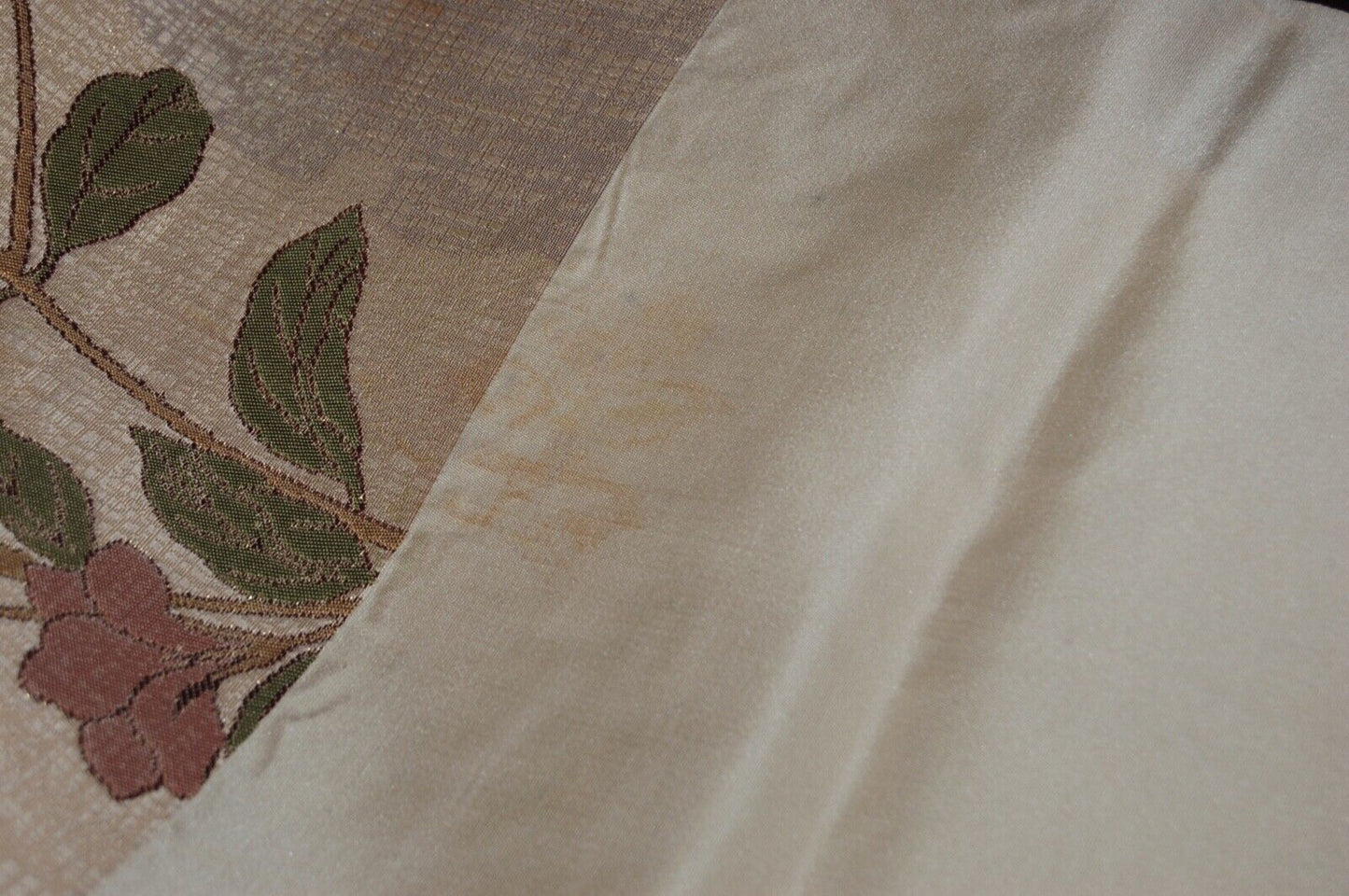 Fukuro obi, clematis vine and partial flower outlines, gold and silk jacquard, vintage, Japan