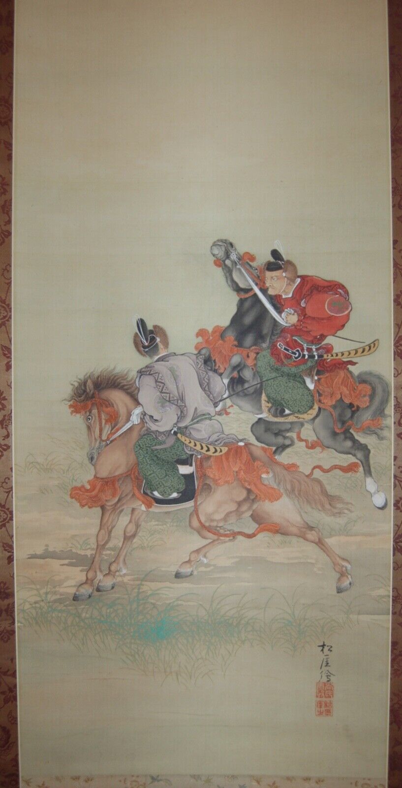 Two noblemen on horseback on a race track, by Shogai, hanging scroll painting, mineral colors on silk, Japan