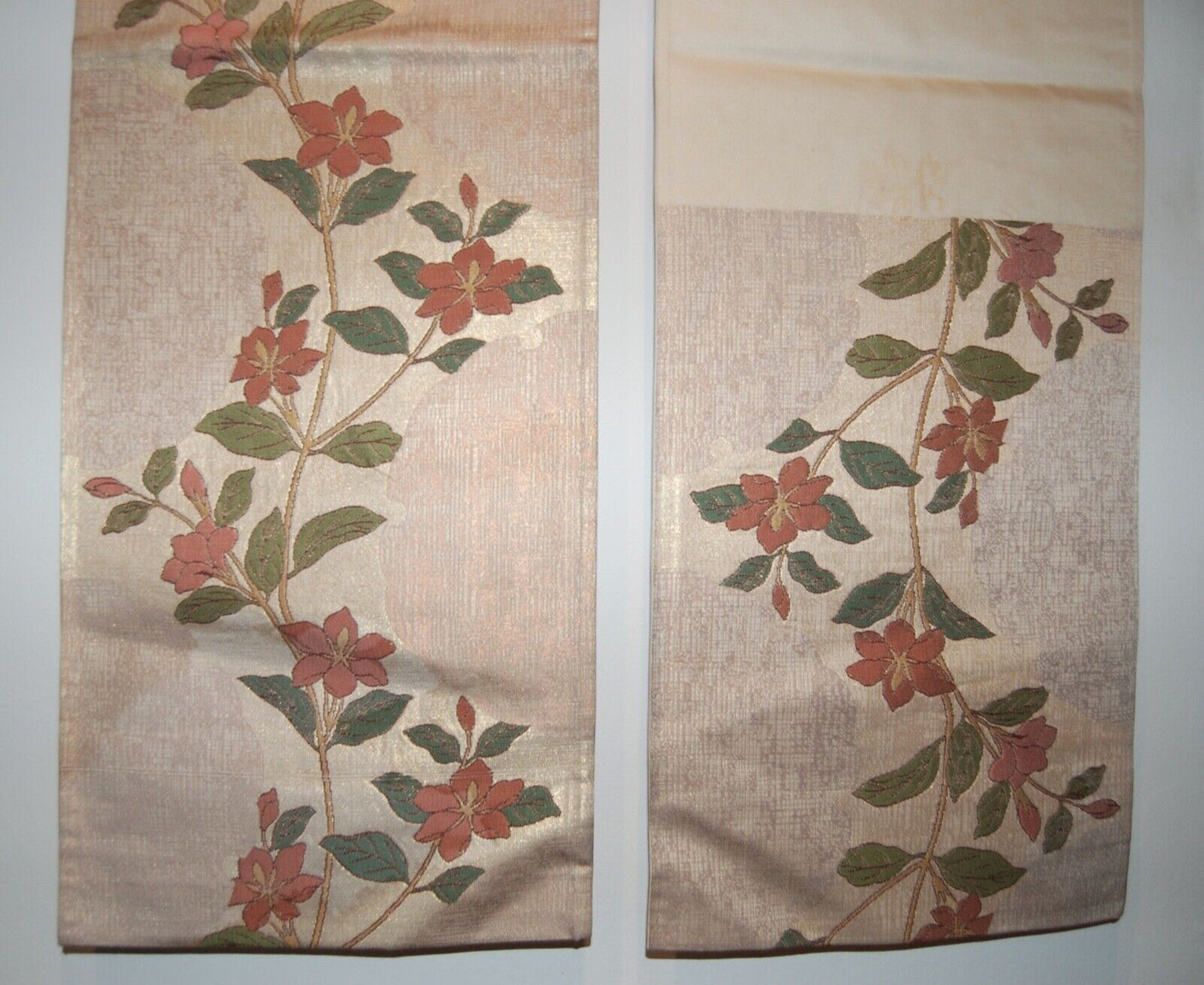 Fukuro obi, clematis vine and partial flower outlines, gold and silk jacquard, vintage, Japan