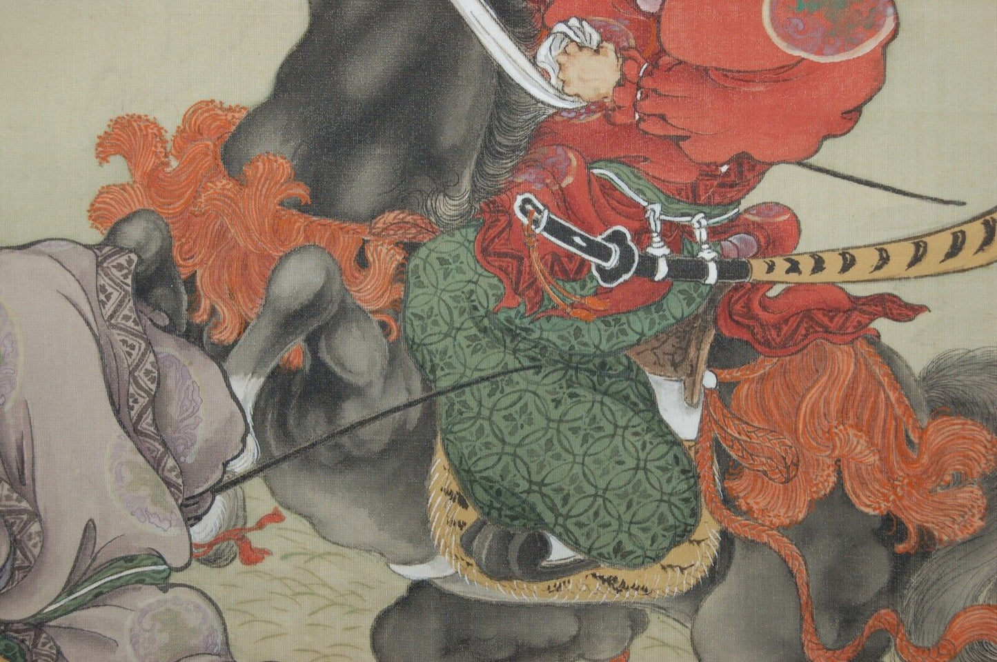 Two noblemen on horseback on a race track, by Shogai, hanging scroll painting, mineral colors on silk, Japan