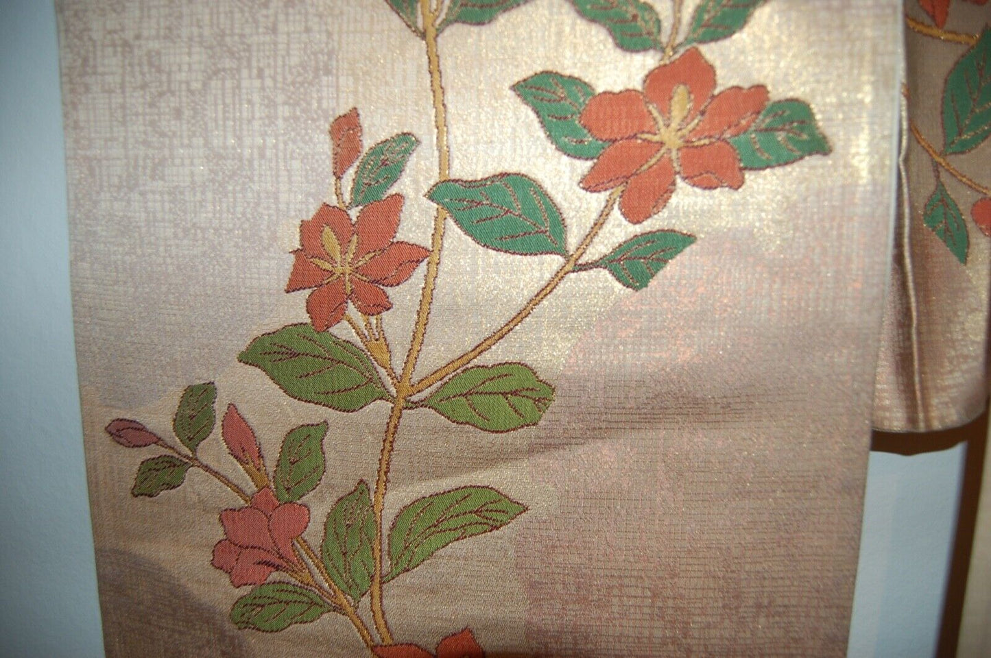 Fukuro obi, clematis vine and partial flower outlines, gold and silk jacquard, vintage, Japan