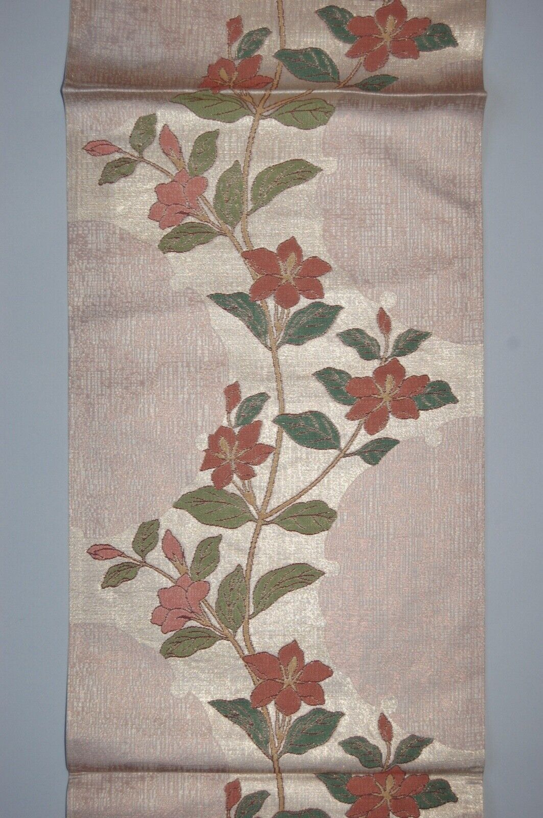 Fukuro obi, clematis vine and partial flower outlines, gold and silk jacquard, vintage, Japan