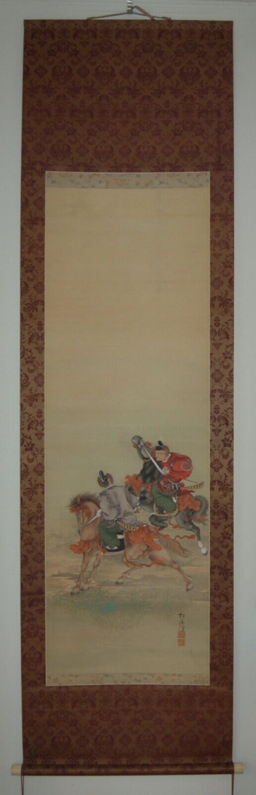 Two noblemen on horseback on a race track, by Shogai, hanging scroll painting, mineral colors on silk, Japan