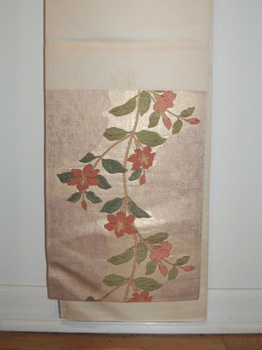 Fukuro obi, clematis vine and partial flower outlines, gold and silk jacquard, vintage, Japan