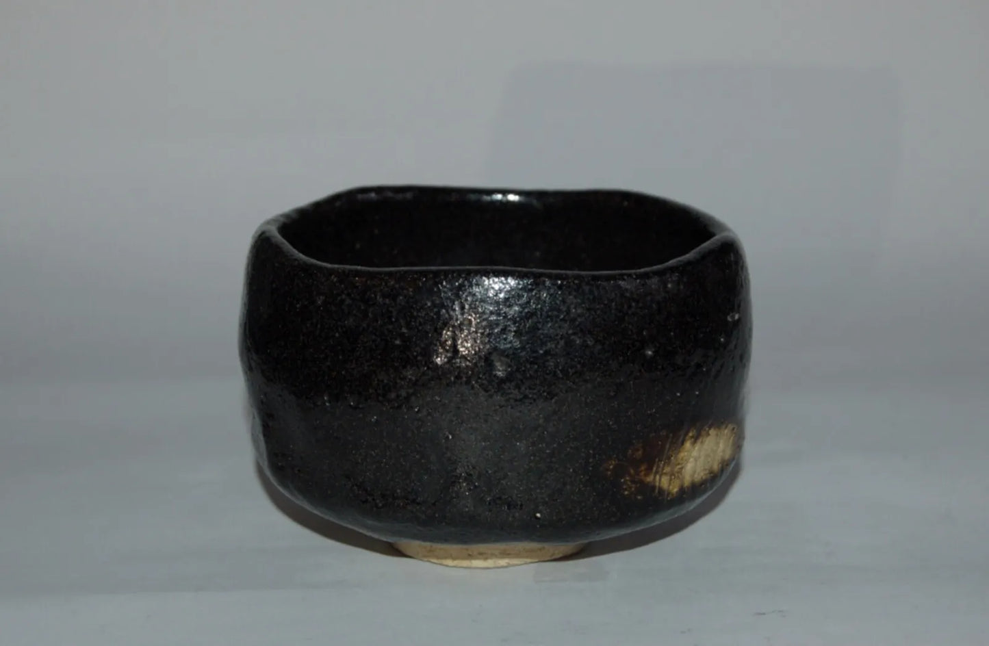 Chawan tea bowl, black Raku ware, cut and scrape décor, stoneware, antique, Japan