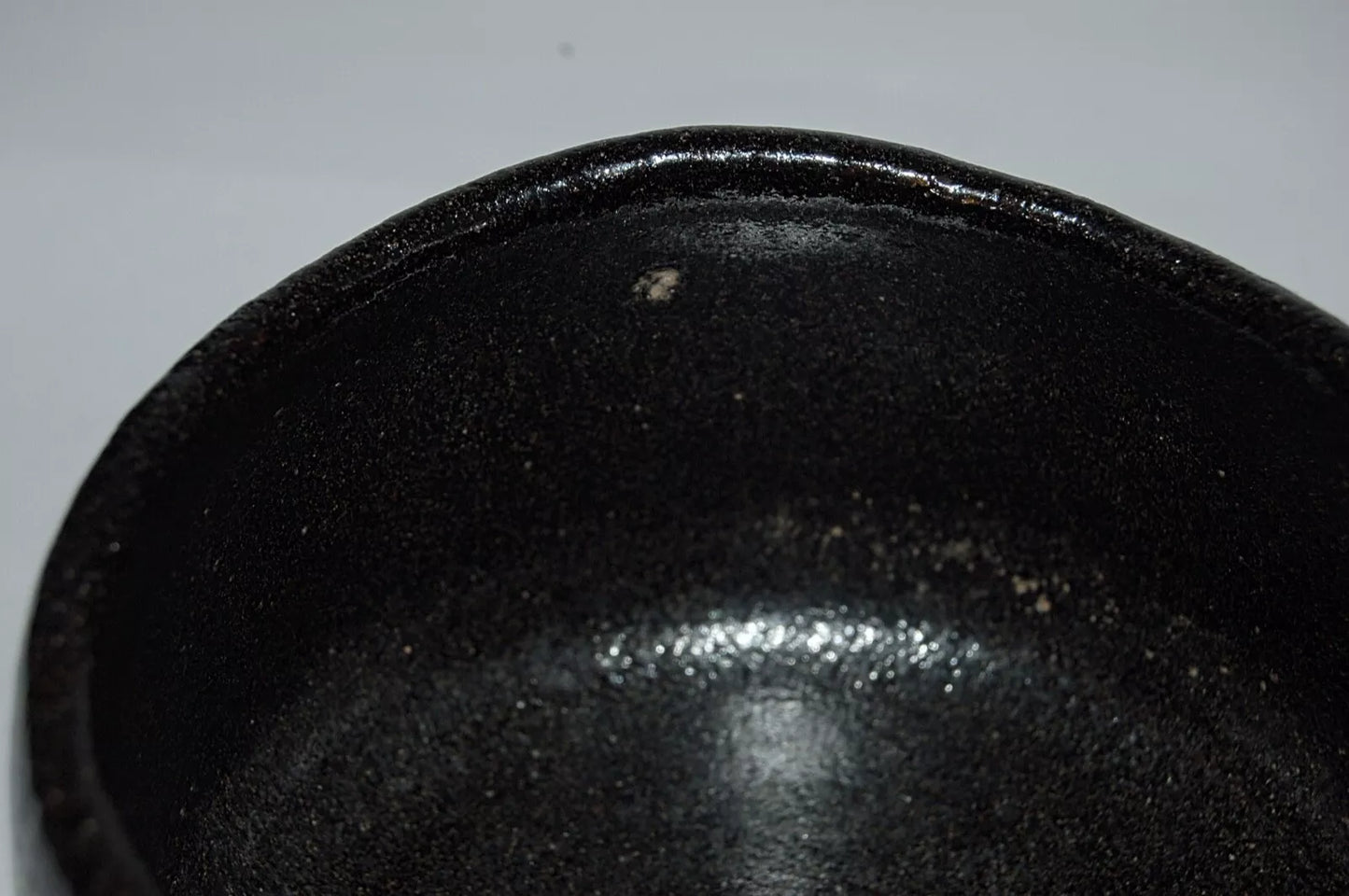 Chawan tea bowl, black Raku ware, cut and scrape décor, stoneware, antique, Japan